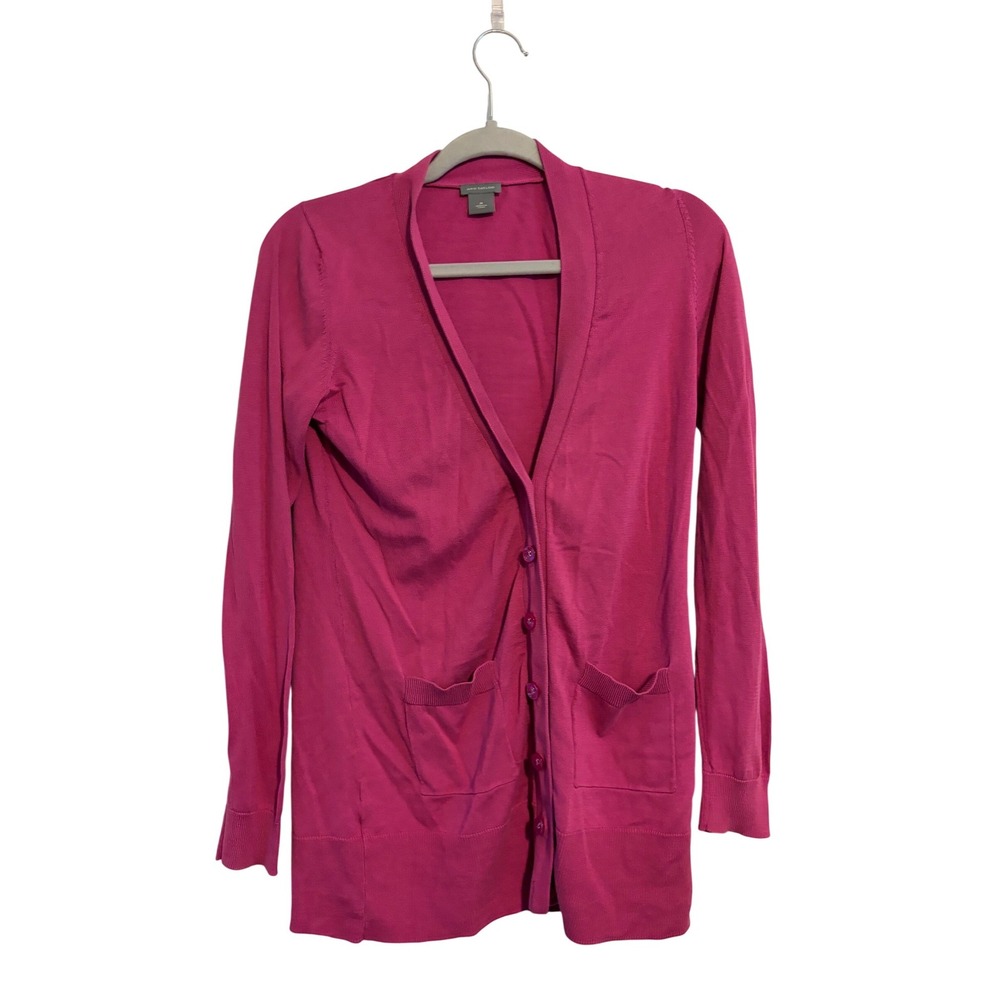 Ann‎ Taylor Cardigan Women M Magenta Pink Blend V-Neck Longline Pocket